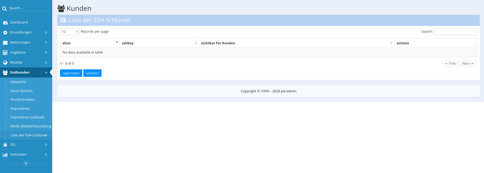 Übersicht der SSH-Schlüssel Verwaltung für Reseller.